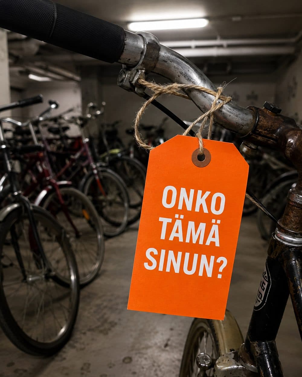 Oranssi merkintälappu pyörän tangossa, taustalla täysi pyörävarasto